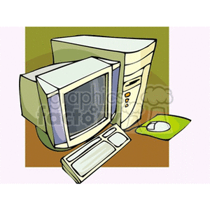 A clipart image of a vintage desktop computer, including a CRT monitor, CPU tower, keyboard, and mouse on a green surface.