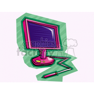 Colorful clipart of a computer monitor with a stylized design, featuring a zigzagging cable and a pink and green color scheme.