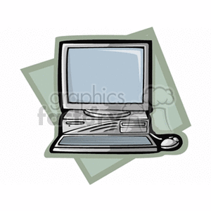 Clipart image of a vintage desktop computer with a monitor and a wired mouse.