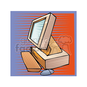 Cartoon-style illustration of a desktop computer with a keyboard and monitor against an orange and blue background.