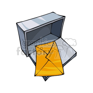 Clipart illustration of an open mailbox with a yellow envelope inside.