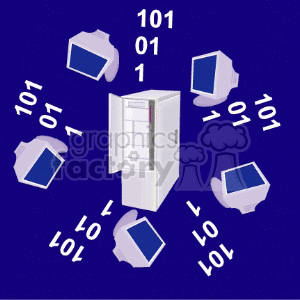 Clipart image of a central server surrounded by computer monitors and binary code on a blue background.