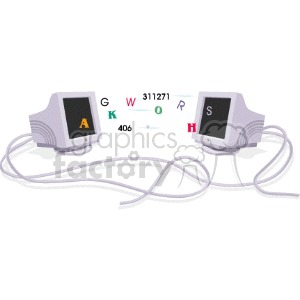 Clipart image of two computer monitors connected by cables with letters and numbers in between.