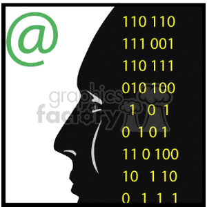 Clipart featuring a silhouette of a human face with binary code and an email symbol (@).