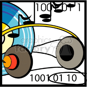 Colorful clipart image featuring a music-themed design with headphones, musical notes, binary code, and a vinyl record.