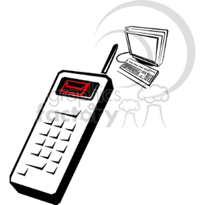 A clipart image featuring an old-fashioned mobile phone with a keypad, connected to a desktop computer, symbolizing communication technology.