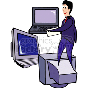 Clipart image of a person standing among various computer monitors and a laptop, representing technology or IT work.