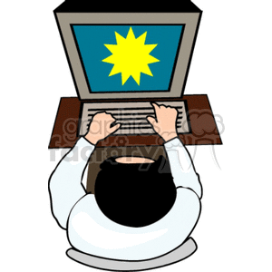 Clipart of a person using a computer with a starburst graphic on the monitor.
