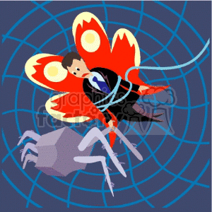 Clipart image of a man with butterfly wings trapped in a spider web with a large spider approaching.