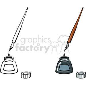 A clipart image depicting two inkwells with dip pens, one in black and white, and the other in color.