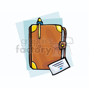 Brown leather planner or notebook clipart with yellow corners and a clasp, featuring a small paper sticking out.