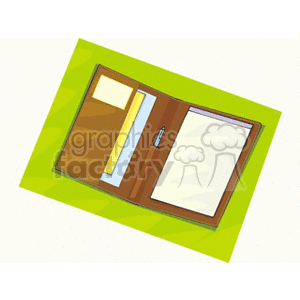 A clipart image of an open notebook with a pen, sticky notes, and paper sheets on a green background.