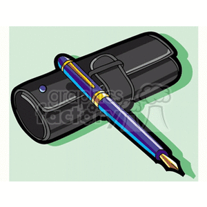 Clipart image of a fountain pen resting on a closed leather pen case.