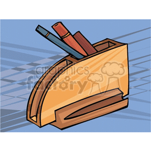 Clipart image of a wooden pencil holder with three pencils against a geometric background.