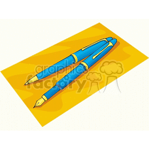 Clipart image of two blue and yellow pens placed on a yellow surface.