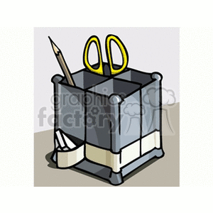 A clipart image of a desk organizer containing scissors and a pencil, with compartments for holding stationery items.