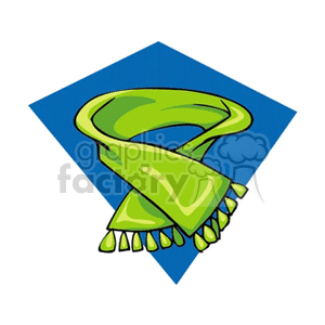 Clipart illustration of a green scarf with fringes on a blue background.