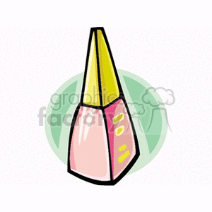 A colorful clipart image of a bottle of nail polish, featuring a yellow cap and a pink bottle, with a green circular background.