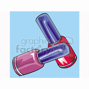 A clipart image depicting two bottles of nail polish, one red and one pink, set against a light blue background.