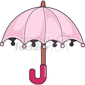 A cartoon-style clipart image of a pink umbrella with a wooden handle and decorative balls along its edges.