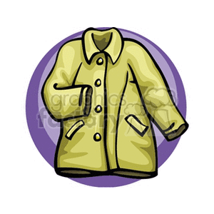 A clipart image of a yellow coat with buttons and pockets, set against a purple circular background.