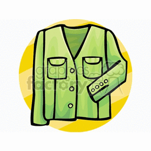 A green jacket clipart image with two front pockets and three buttons, set against a yellow circular background.