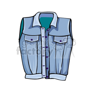 Clipart image of a blue denim vest with buttons and pockets.