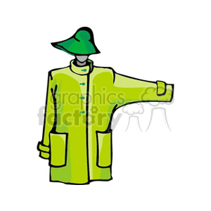 Illustration of a green raincoat with a matching wide-brimmed hat, both displayed on a mannequin.