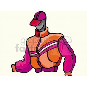 A colorful clipart image features a mannequin wearing a vibrant jacket and a cap, primarily in shades of orange, pink, and purple.