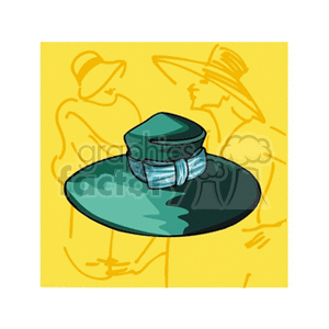 Clipart image of a green hat with a blue ribbon, set against a yellow background featuring outlines of people wearing hats.