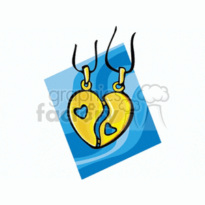 A clipart image featuring two golden pendant necklaces that form a heart shape when joined together, each half adorned with a small heart-shaped cutout, set against a blue background.