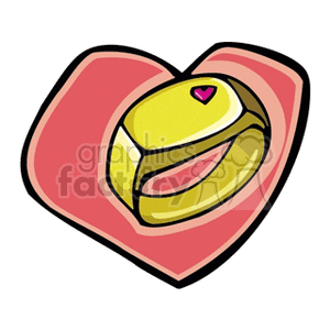 Clipart image of a gold ring with a small heart detail, set against a heart-shaped background.