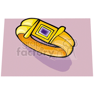 A clipart image of a gold ring with a rectangular purple gemstone in the center, placed on a purple background.