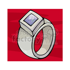 Clipart image of a silver ring with a square gemstone against a red background.