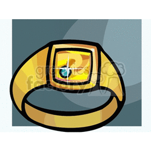 Clipart illustration of a golden ring with a sparkling gem in the center.