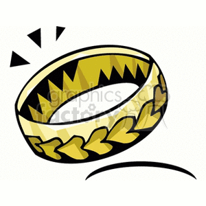 A digital clipart image of a decorative gold ring with intricate patterns and heart shapes.