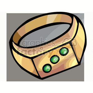 Clipart image of a gold ring with three green gemstones.