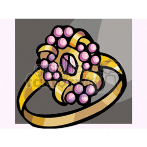 Colorful clipart of a gold ring adorned with pink gemstones.