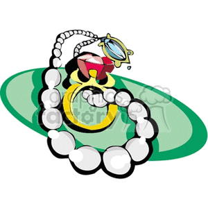 Clipart image featuring various jewelry items such as a pearl necklace, gold ring, and gemstone rings.