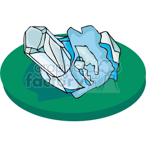 Clipart image of a cluster of abstract, faceted gemstones or crystals on a green background.