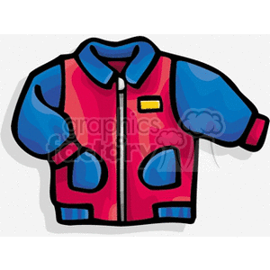 A vibrant clipart image of a jacket featuring blue sleeves, a red body, and a yellow patch. The jacket is stylized with bold outlines and a cartoonish appearance.