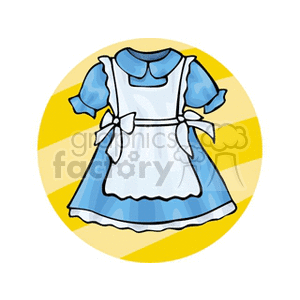 Clipart image of a blue dress with a white apron over it, set against a yellow striped circular background.