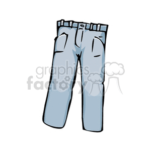 A clipart image of a pair of light blue trousers with belt loops and pockets.