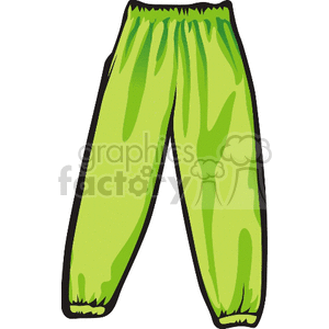 The clipart image shows a pair of green sweatpants with an elastic waistband and cuffs at the ankles. The pants are loose-fitting and made of a comfortable material, typically worn for casual or athletic purposes.
