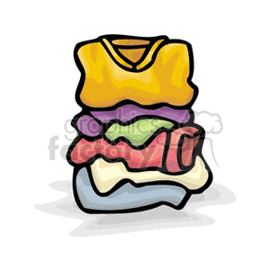 A stack of colorful folded clothing items, including shirts and sweatshirts.