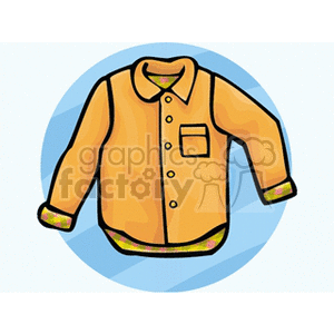 Clipart image of an orange long-sleeve shirt with a collar and a chest pocket, set against a blue circular background.