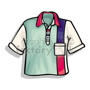 Cartoon drawing of a colorful polo shirt with contrasting stripes and a pocket.