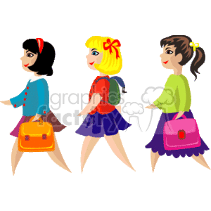 This clipart image depicts three animated girls walking side by side, suggesting they are headed to school. From left to right:
- The first girl has short black hair with a red bow, wearing a blue top with red dots, and carrying an orange briefcase.
- The middle girl has blonde hair tied with a yellow bow, wearing a green shirt, purple skirt, and shouldering a green backpack.
- The third girl has brown hair with a yellow flower accessory, wearing a purple top, green skirt, and carrying a pink bag.