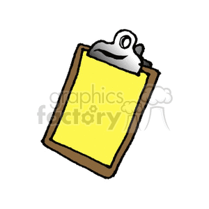A clipart image of a brown clipboard with a silver clip holding a yellow paper.