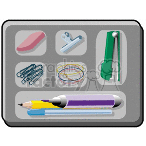 Clipart image featuring various office supplies, including an eraser, a binder clip, a box cutter, paper clips, rubber bands, a pencil, and a pen.